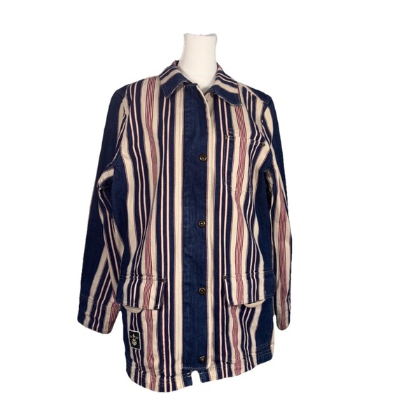 Ralph Lauren Jeans Company Striped Denim Jacket Zip Snap Red Cream Blue Medium - Picture 1 of 15
